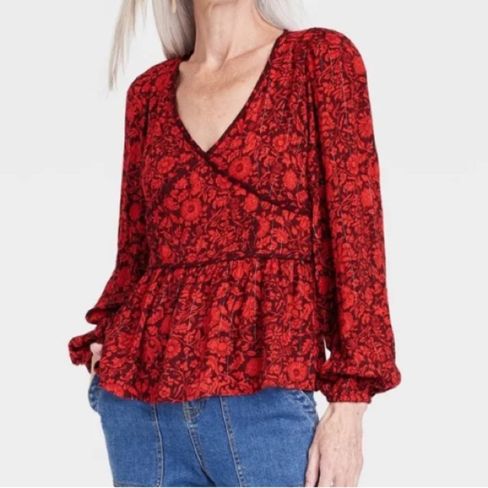 Knox Rose Red Floral Long Sleeve Embroidered Blouse L